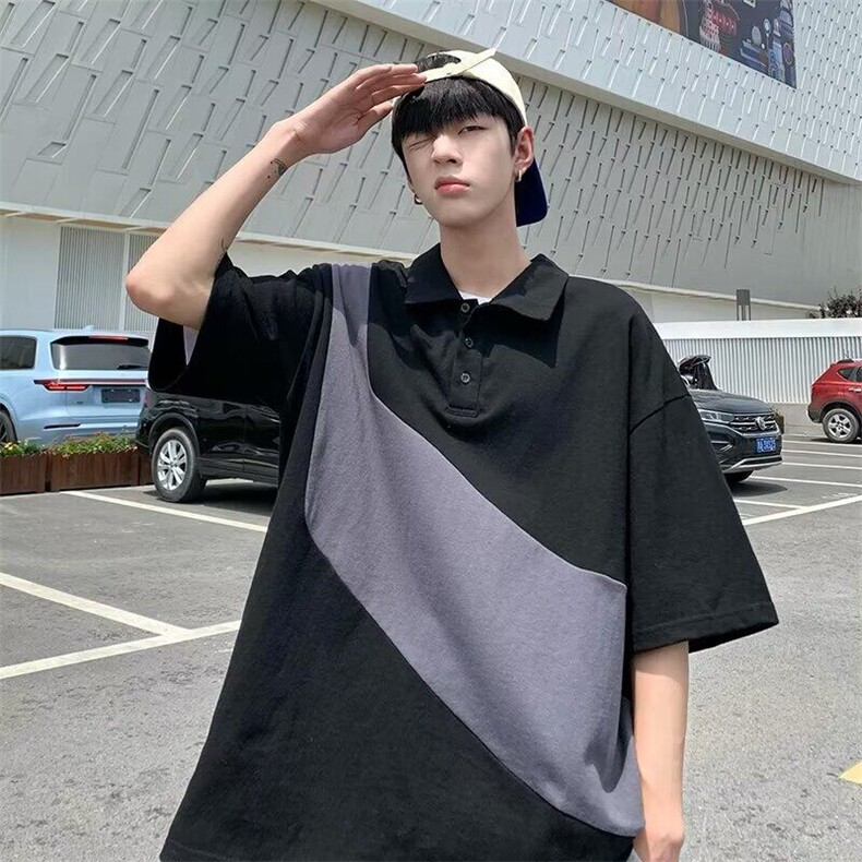 C520P31日系复古潮牌拼接POLO衫男短袖夏季新款宽松青少年上衣潮,男装Polo衫,星座512-6