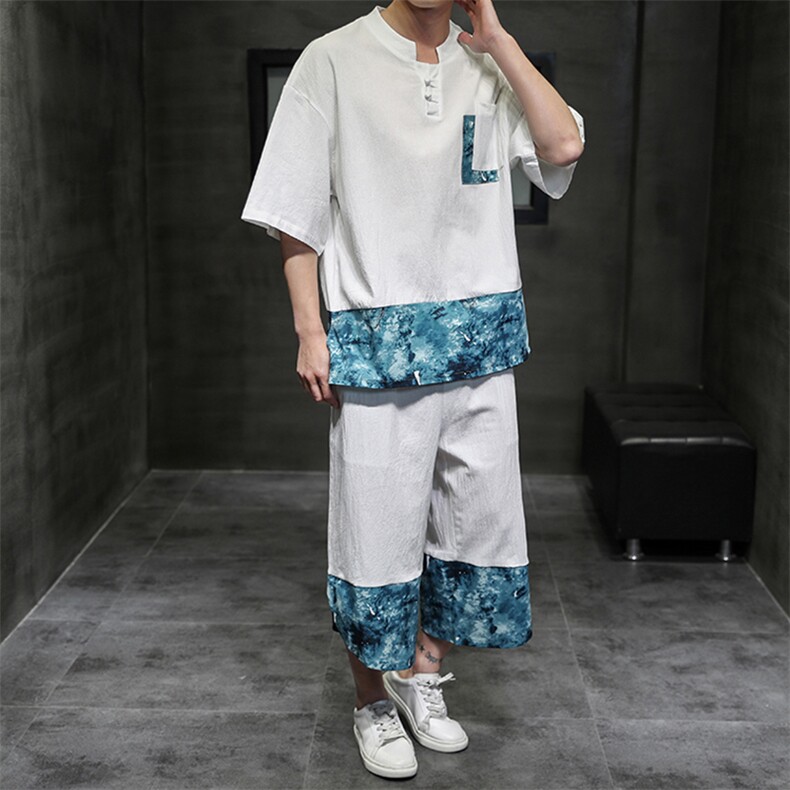 2021夏新拼接亚麻休闲大码boy口袋装饰黑洞风短袖套装TZ003-P70,男装休闲套装,电商A082
