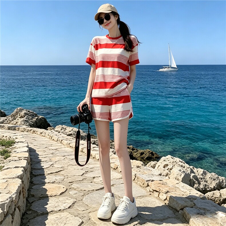 甜美时尚休闲套装女夏季新款显瘦圆领条纹短袖上衣阔腿短裤两件套,女装套装/套裙,江南
