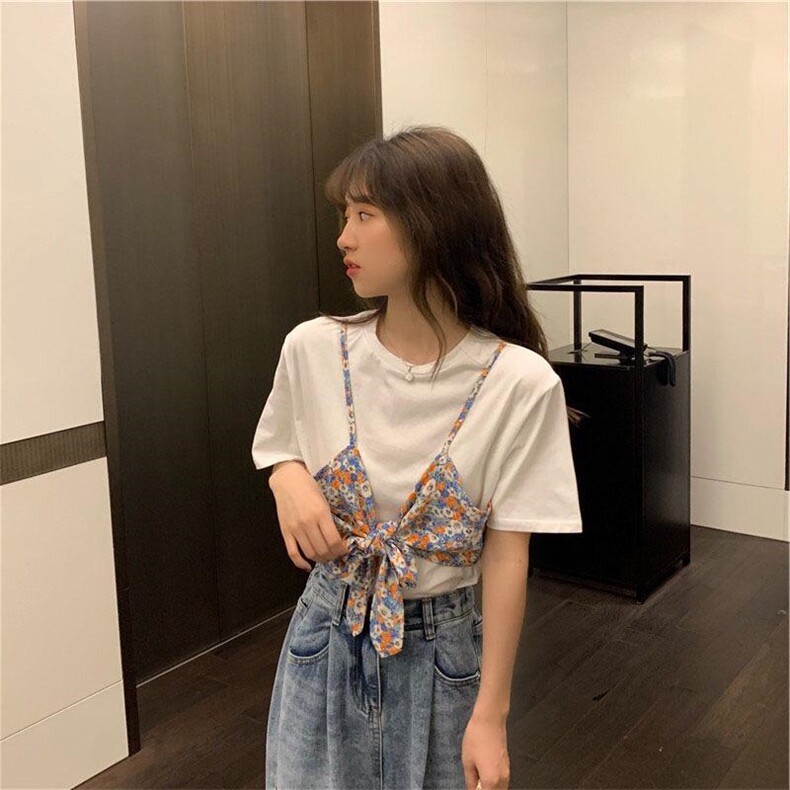 心机碎花假两件短袖t袖,女装其它,喜午