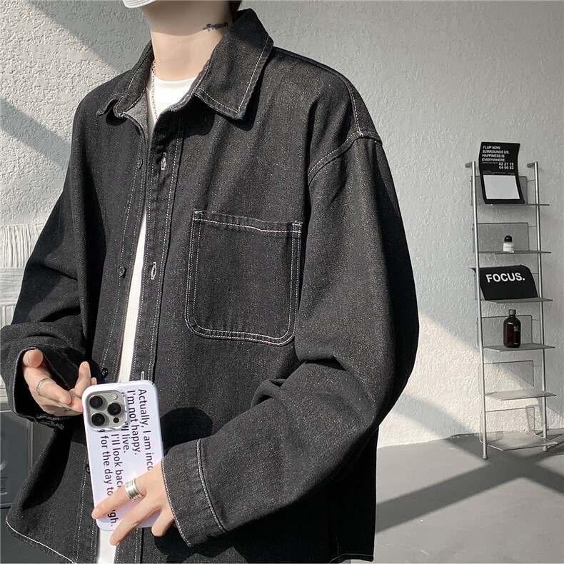 美式复古丹宁长袖牛仔衣水洗翻领衬衫牛仔外套男春秋潮牌CS29013图片