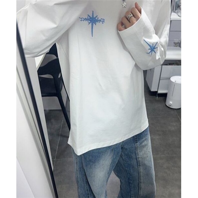 哥特星标语刺绣纯棉长袖t恤女秋冬宽松情侣打底上衣TWP07,男装T恤,星座1116A（原606A-3）