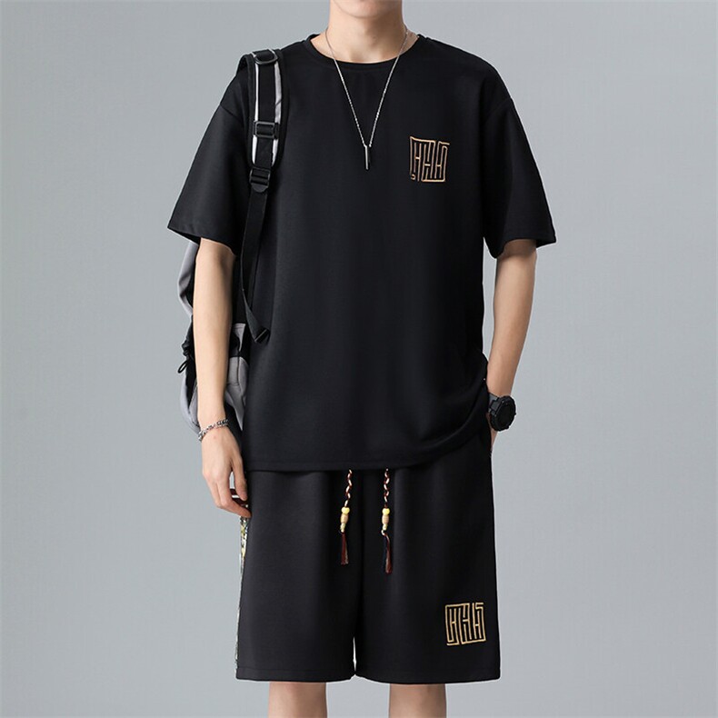 男士刺绣夏季拼接休闲运动套装男T恤短裤两件套潮A266-TZ7707-P45,男装T恤,电商A266