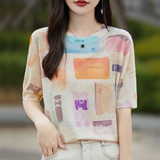 2025春夏新款圆领印花短袖女士精纺羊毛轻薄柔软透气减龄休闲T恤，女装T恤，暖烁特种纱工厂店