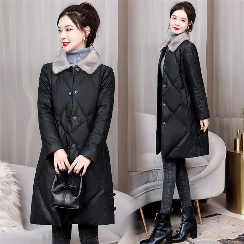 PU皮衣羽绒服女中长款冬2021年新款女款黑色免洗外套,女装皮衣,浙宝281