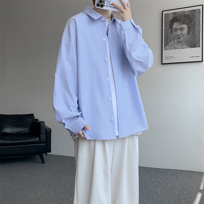 衬衫男秋季新款港风宽松大码条纹长袖衬衣CS801-特P29,男装衬衫,星座214-3