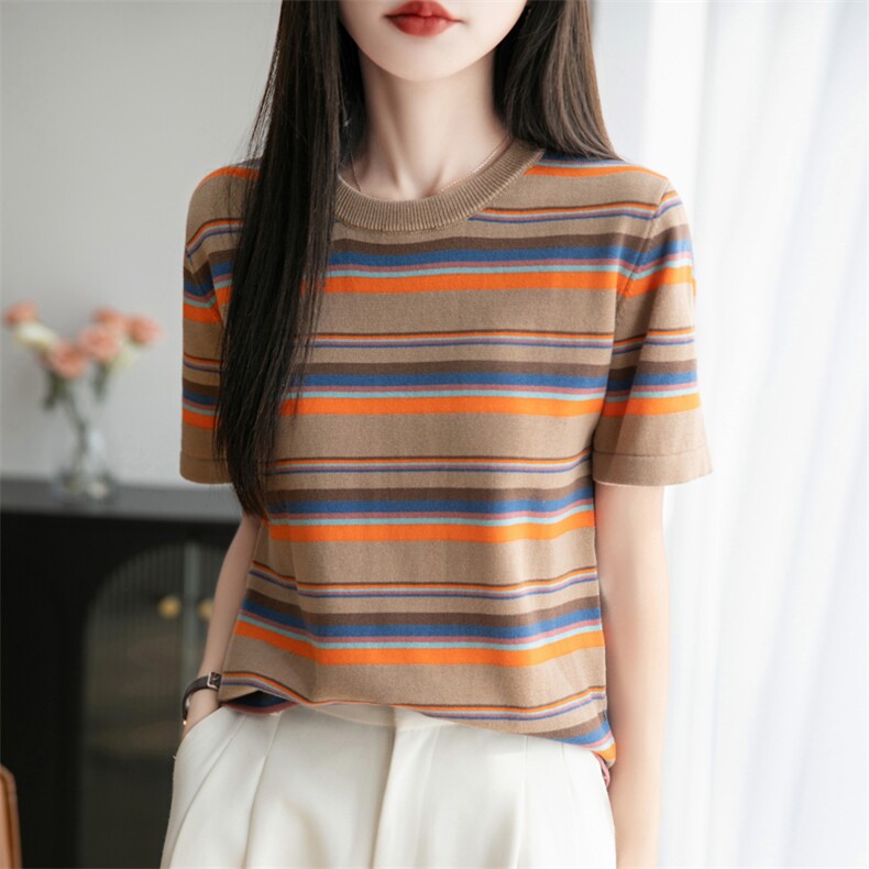 特惠印花超火减龄上衣韩系夏天复古针织条纹t恤女ins潮小众夏短袖,女装T恤,秋双羊绒