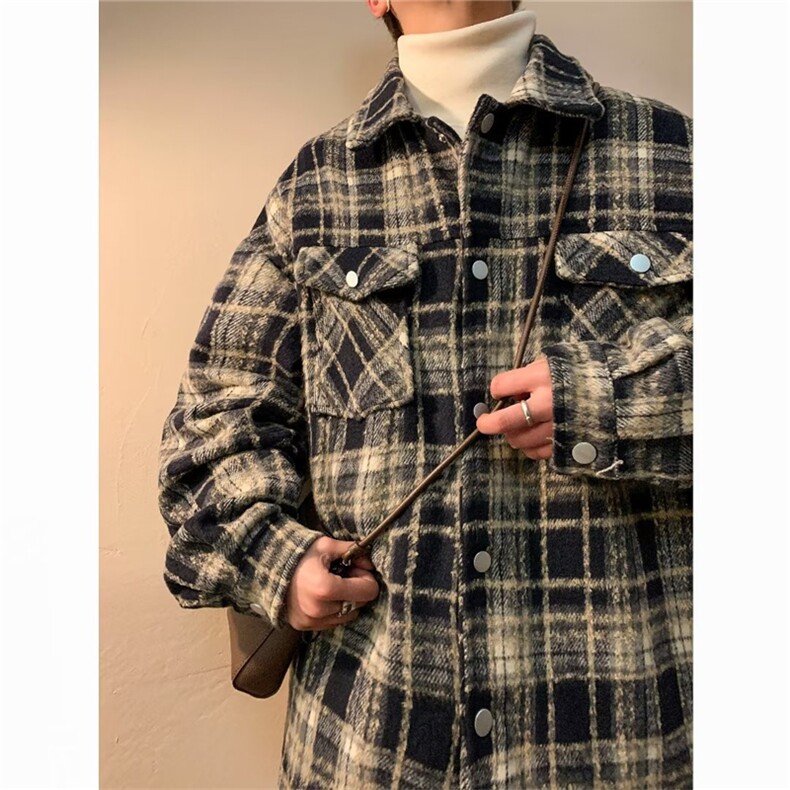 A257-P60 小香风美式情侣痞帅夹克外套男春秋季日系格子上衣服图片
