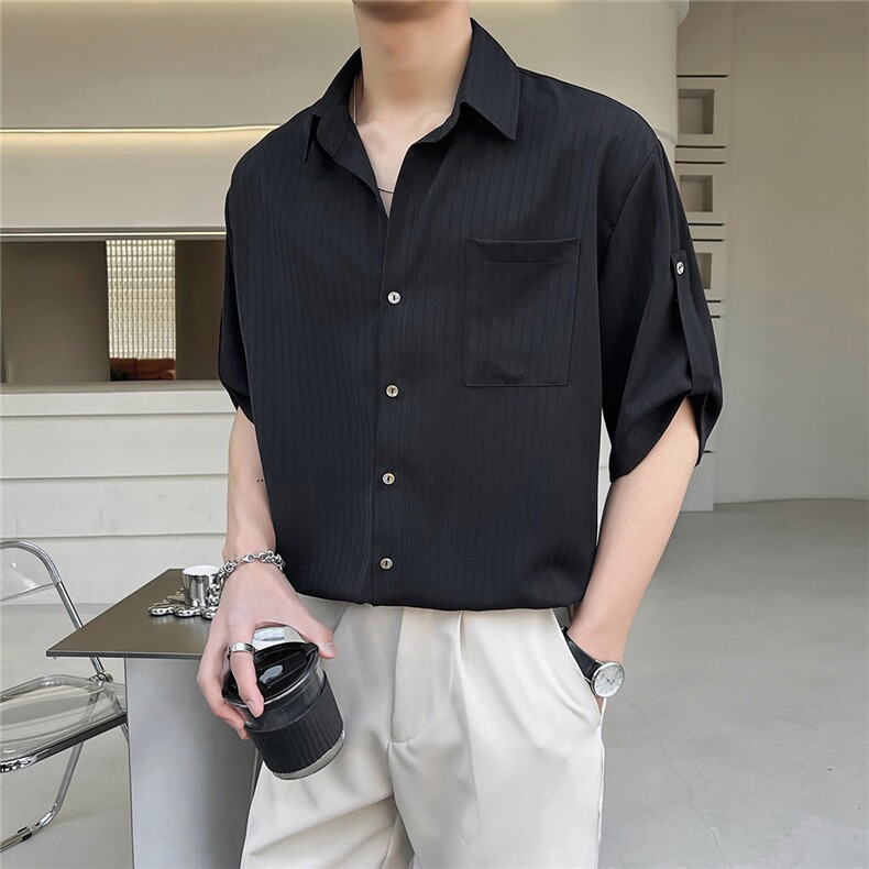 大货轻熟风垂感冰丝暗条纹五分袖衬衫男士短袖宽松衬衣DJ8313P55，男装T恤，电商B413