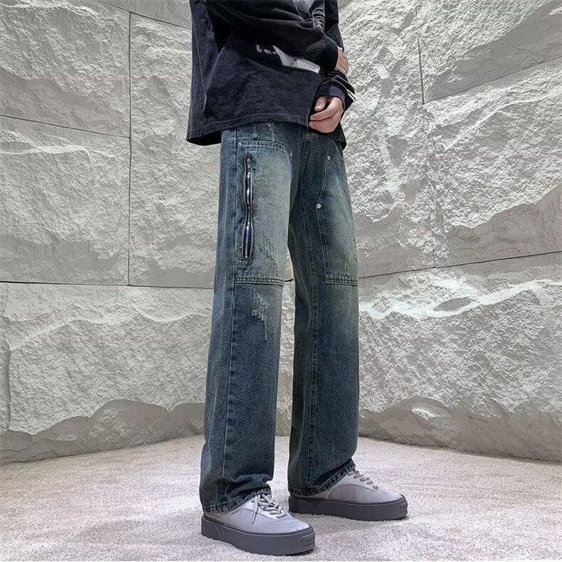 水洗做旧宽松微喇叭牛仔裤男女垂感直筒长裤K6037-P50,男装牛仔裤,星座1109-3