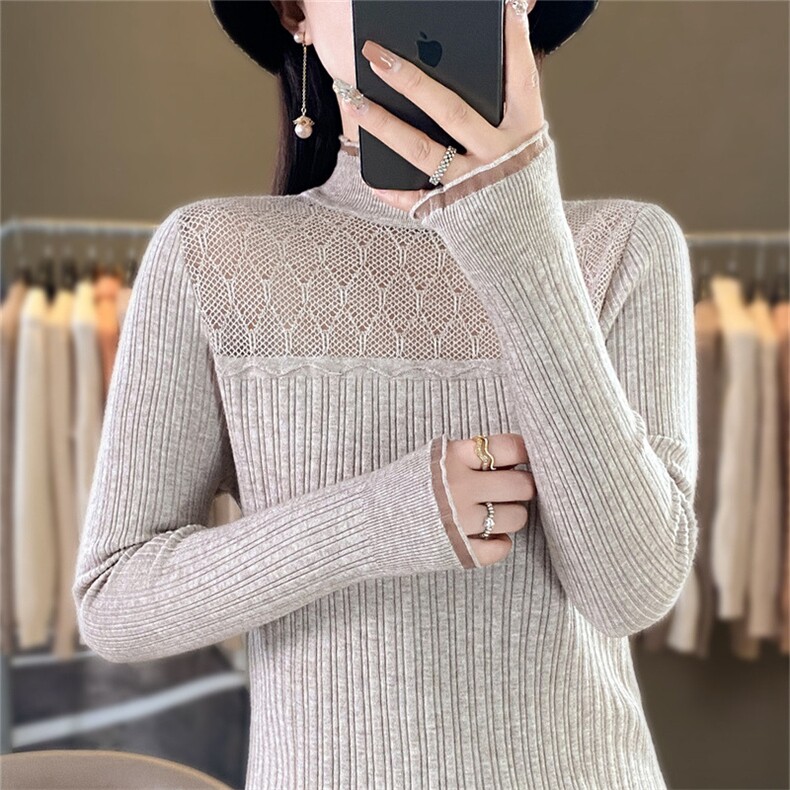 时尚半高领欧根纱拼接针织衫显瘦修身长袖毛衣女款,针织衫/毛衣,暖姿羊绒
