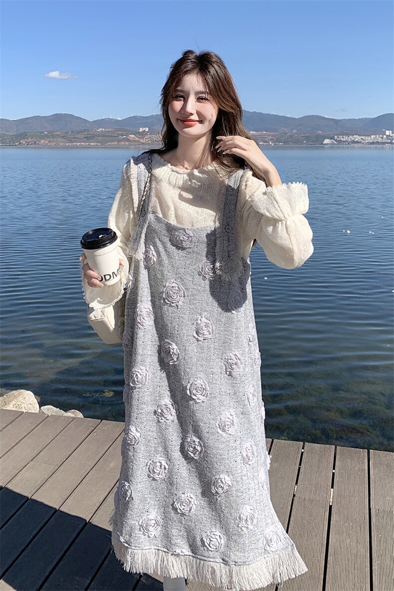 森系度假风背带连衣裙套装女2025春季新款超好看甜美小香风两件套,女装连衣裙,2C198