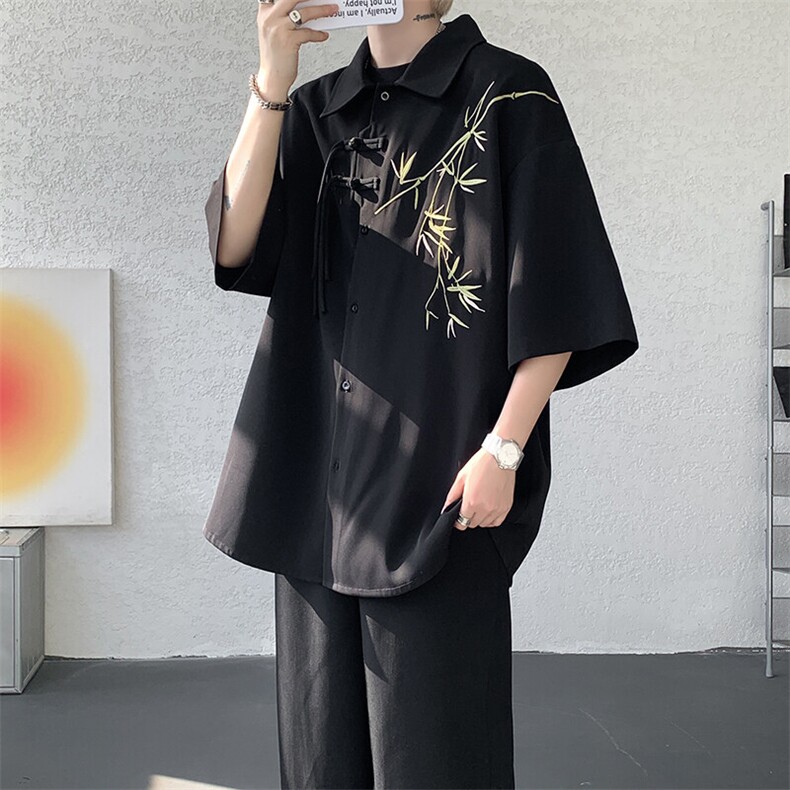 新中式短袖衬衫大码8XL-M风竹子刺绣冰丝唐装盘扣衬衣DC5007P48,男装T恤,电商B238