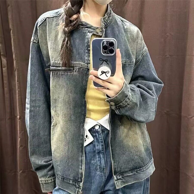 复古蓝色立领长袖牛仔外套女春季美式宽松夹克设计感气质拉链上衣图片