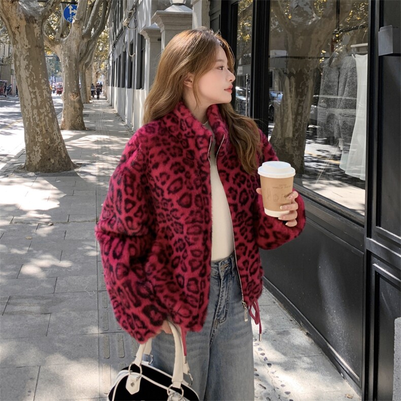 红色复古个性立领豹纹开衫外套女2025秋季新款宽松撞色长袖上衣,女装短外套,2C353