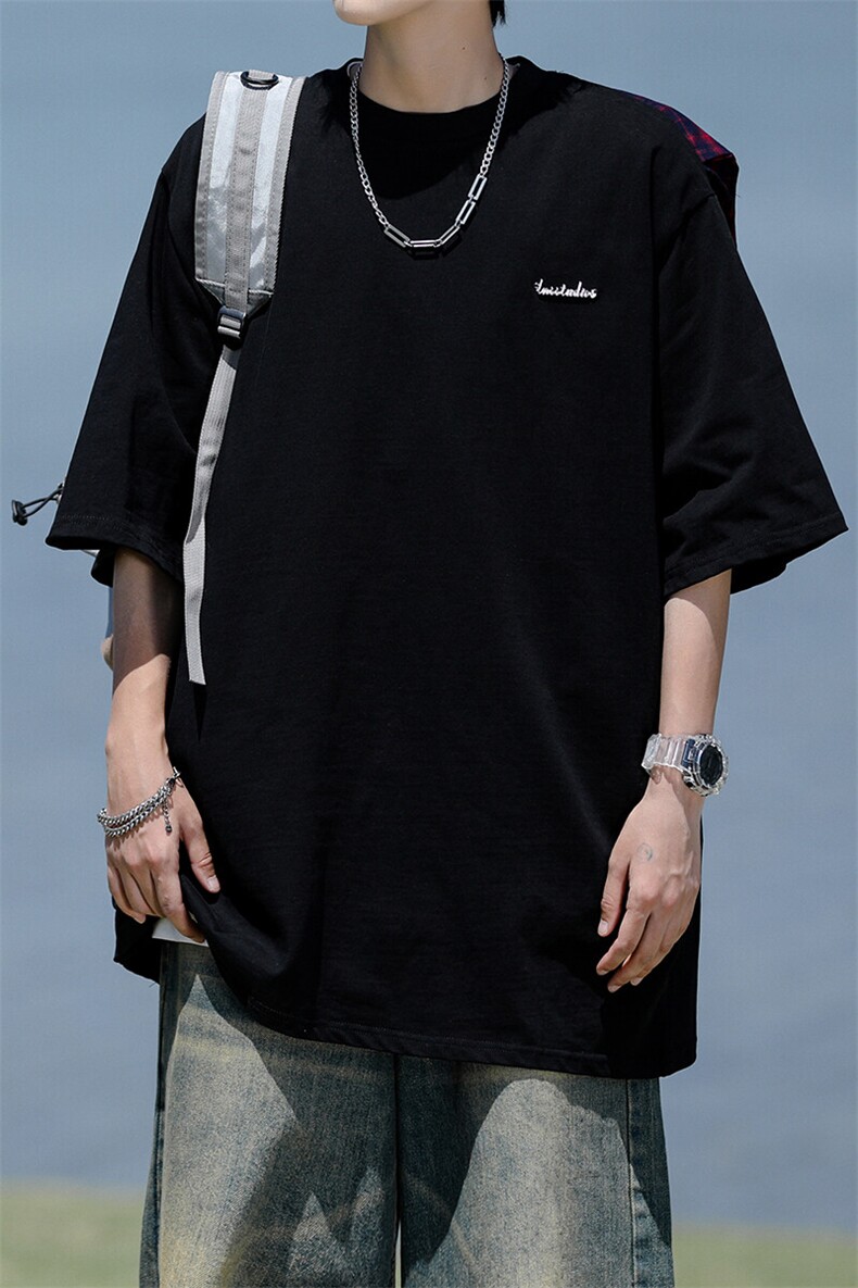 8XL-M潮情侣美式拼接打结格子假两件短袖宽松纯棉T恤男DX338,男装T恤,电商D206-1