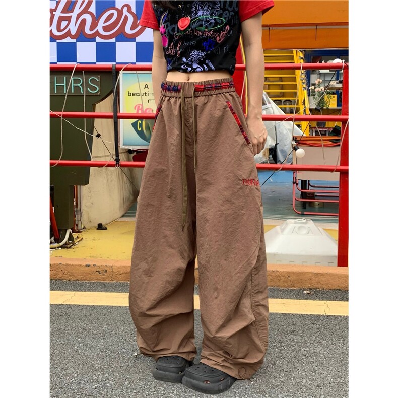 美式复古格纹撞色拼接褶皱工装裤女宽松休闲百搭拖地阔腿裤，男装工装外套，星座1210-1