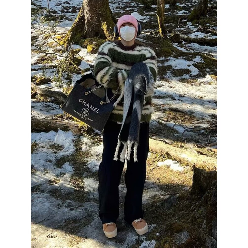 马海毛针织衫男士韩版软糯毛线衣慵懒风绿色条纹毛衣宽松圆领上衣,男装针织衫/毛衣,星座506A