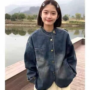 日系复古简约做旧水洗牛仔外套男女春秋立领宽松百搭港风短款夹克图片