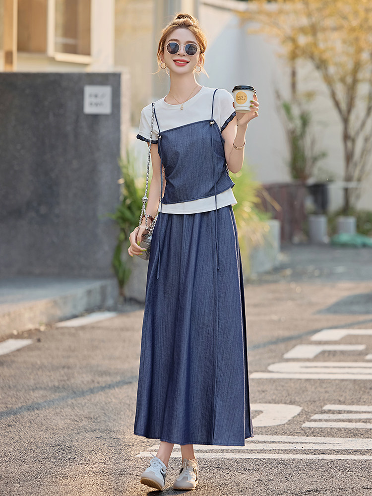 2025夏季新款套装短袖T恤吊带马甲背心半身裙三件套时尚女装,女装套装/套裙,曼娅璐