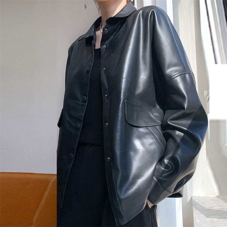 时尚韩版宽松显瘦百搭黑色皮衣外套女秋冬季新款气质休闲上衣,女装皮衣,佳绒高端店