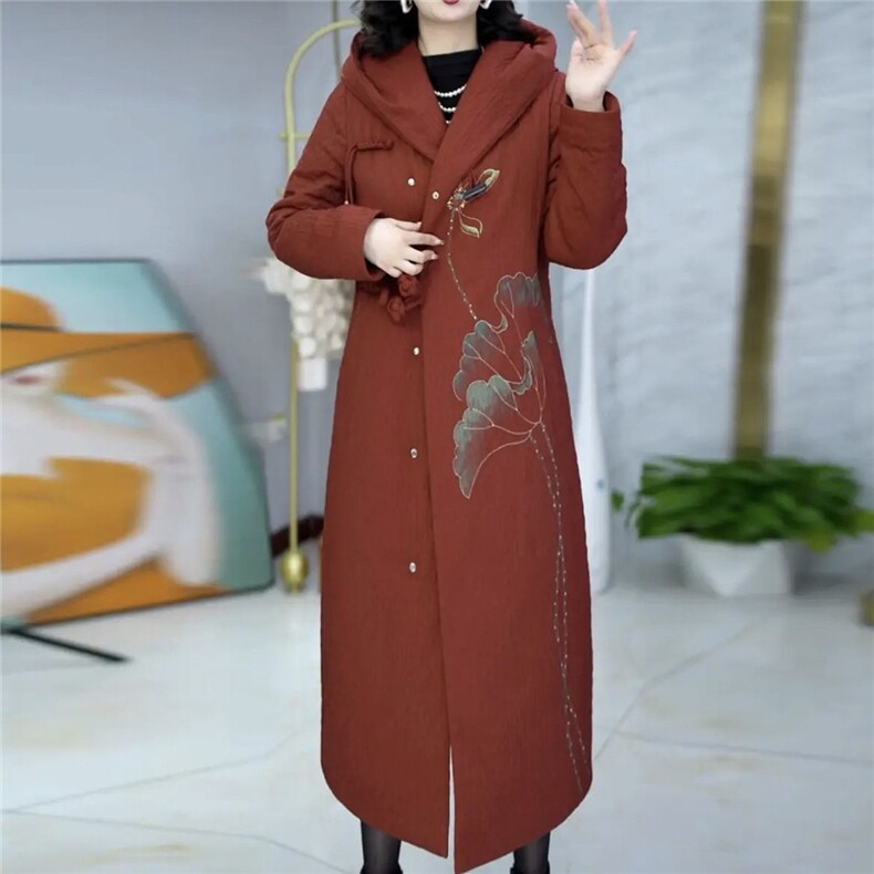印花羽绒棉服女中长款修身刺绣盘扣高端气质棉衣棉袄外套冬,女装棉衣/棉服,韩蔻秀