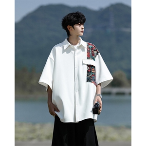 8XL-M民族风拼接短袖衬衫男夏季痞帅半袖衬衣薄款外套DC28009P45图片