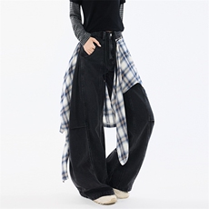 美式复古格子屁帘牛仔裤男女宽松百搭阔腿设计感休闲裤YD9058-P95，男装牛仔裤，星座509