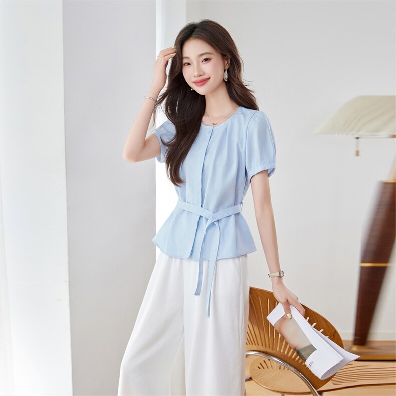 2025年夏季时尚潮流麻短袖两件套九分裤，女装套装/套裙，秀美人生
