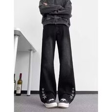 秋冬季阔腿牛仔裤男女半松紧宽松显瘦直筒垂感拖地裤子ND660，男装牛仔裤，星座1116A（原606A-3）
