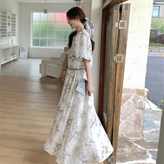 新中式灰白色水墨印花连衣裙女夏2025超火好看高级气质长裙两件套，女装套装/套裙，诺蝶