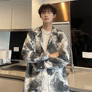 古巴领水墨扎染衬衫男长袖薄款冰丝衬衣cleanfit高级感巴洛克外套图片