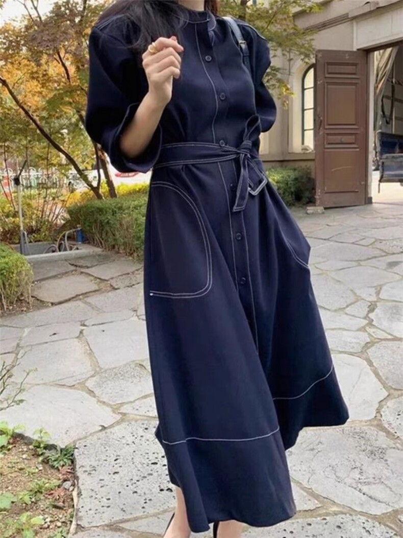 2025夏季新款宽松赫本风腰带大码中长款连衣裙女,女装连衣裙,织己羊绒