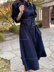 2025夏季新款宽松赫本风腰带大码中长款连衣裙女，女装连衣裙，织己羊绒