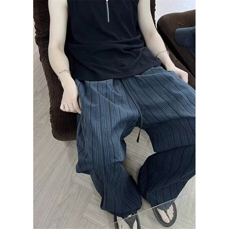 竖条纹阔腿裤男美式慵懒风宽松休闲设计感拖地裤长裤 KC30图片
