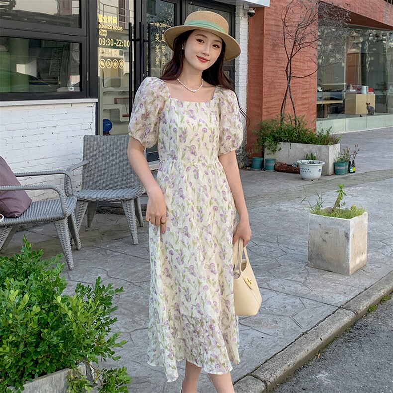 标准法式风情浪漫花色碎花连衣裙,女装连衣裙,MQ