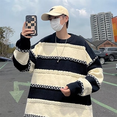 秋冬针织衫宽松线衣外套新款设计感圆领套头条纹毛衣男M728-P42，男装针织衫/毛衣，星座512-3