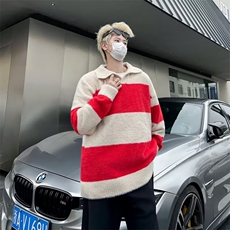 秋冬复古慵懒风仿貂毛毛衣男撞色条纹情侣潮牌宽松翻领针织衫7172，男装针织衫/毛衣，星座506