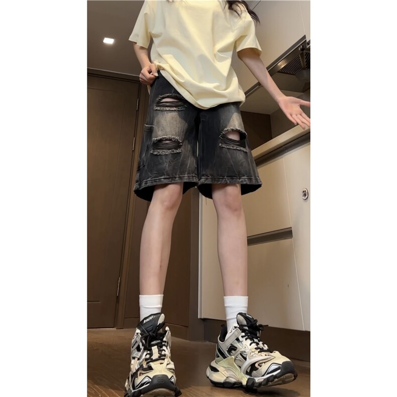 美式高街夏季新款水洗磨毛破洞水洗牛仔短裤B315-K24096-p45控68图片