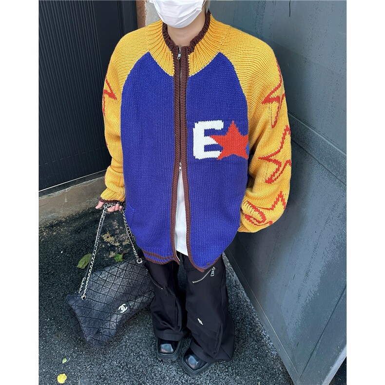 时尚潮流撞色字母设计秋季针织开衫男女同款宽松休闲毛衣外套上衣,男装针织衫/毛衣,星座601-2