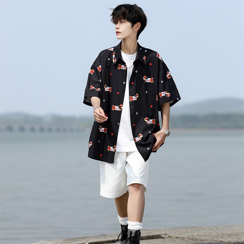 8XL-M腊肠狗花衬衫男短袖夏季冰丝薄款花衬衣寸衫外套DC28003P38图片