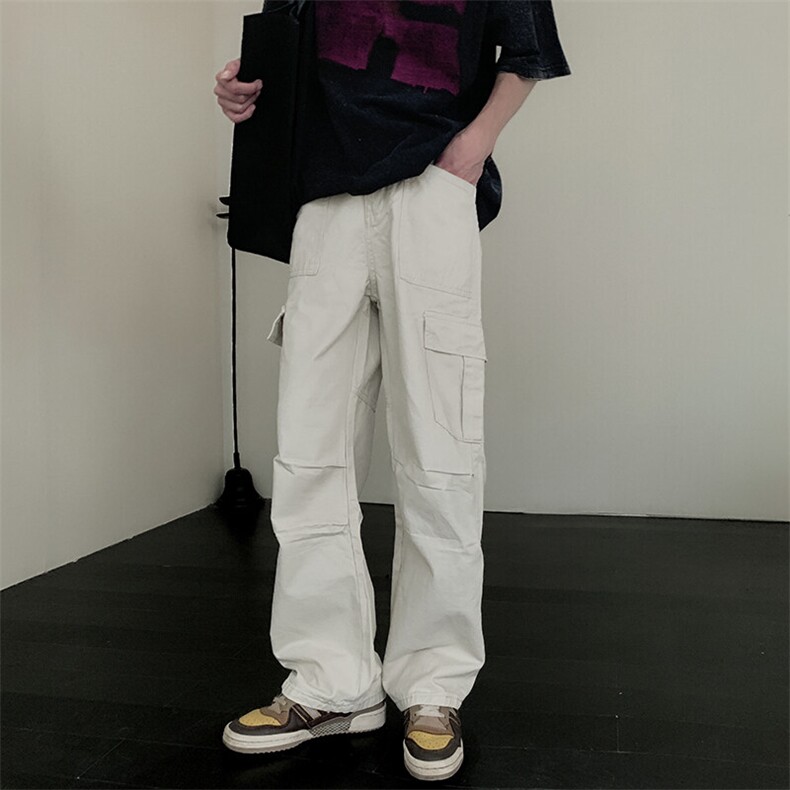 现货 100棉双色立体褶皱工装裤直筒版型男女同款休闲裤纯棉101P55图片