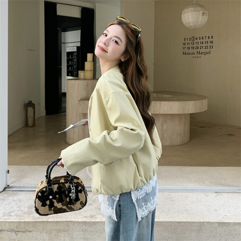 现货--2026年春季新款黄色蕾丝拼接皮外套203-2611-P160-K258,女装皮衣,浙宝203