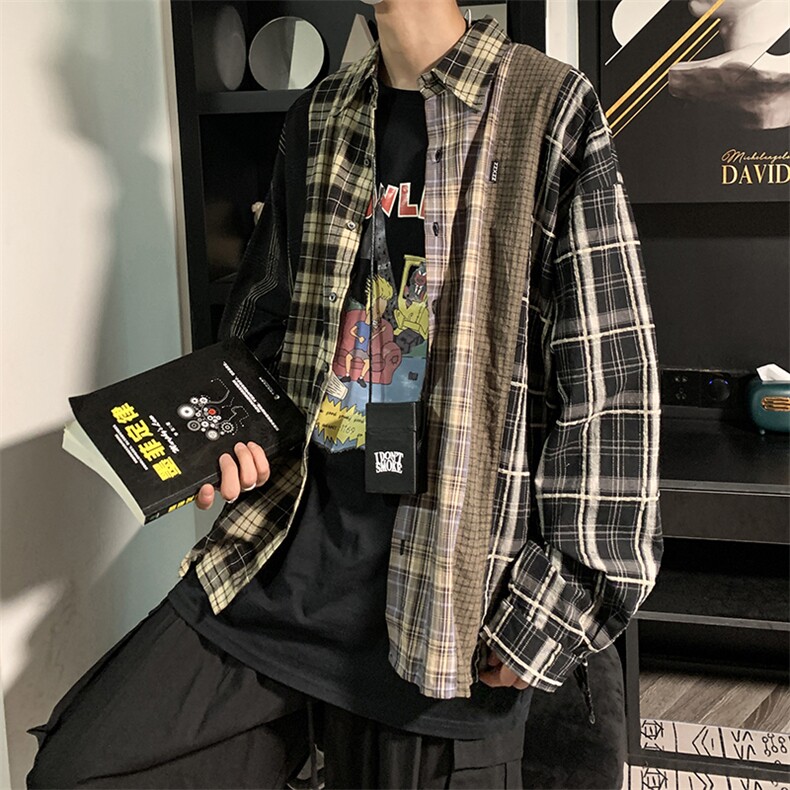 美式复古格子衬衫男女外套设计感小众外套拼接衬衣潮CS0310-P50,男装衬衫,星座308B-1