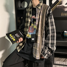 美式复古格子衬衫男女外套设计感小众外套拼接衬衣潮CS0310-P50，男装衬衫，星座308B-1