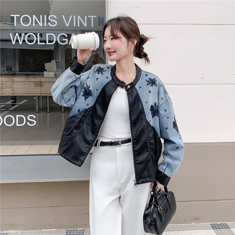 【大货】牛仔刺绣拼皮短外套2C057-918-P175-K288,女装短外套,2C057