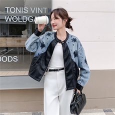 【大货】牛仔刺绣拼皮短外套2C057-918-P175-K288，女装短外套，2C057