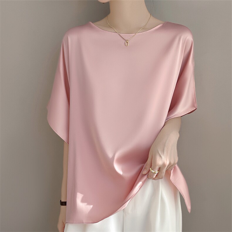 高级感蝙蝠袖醋酸缎面T恤小资轻奢宽松遮肉上衣，女装T恤，羊特美羊绒