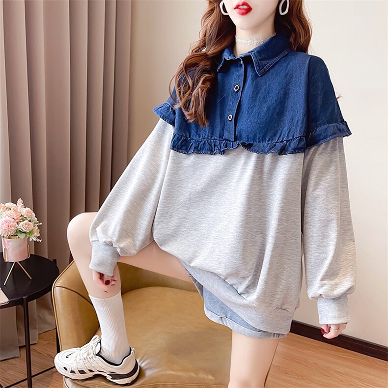 S3708韩版宽松插肩牛仔布POLO领大码女装薄款卫衣女P58，女装卫衣/绒衫，星座309B-2