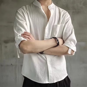 亚麻衬衫男夏季短袖很仙的白衬衣宽松风棉麻半袖上衣男士图片